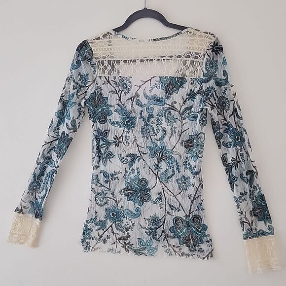 Y2K 90's Blue Floral Semi Sheer Mesh Tulle Beige Lace Trim Fitted Henley Top S E - Picture 8 of 10